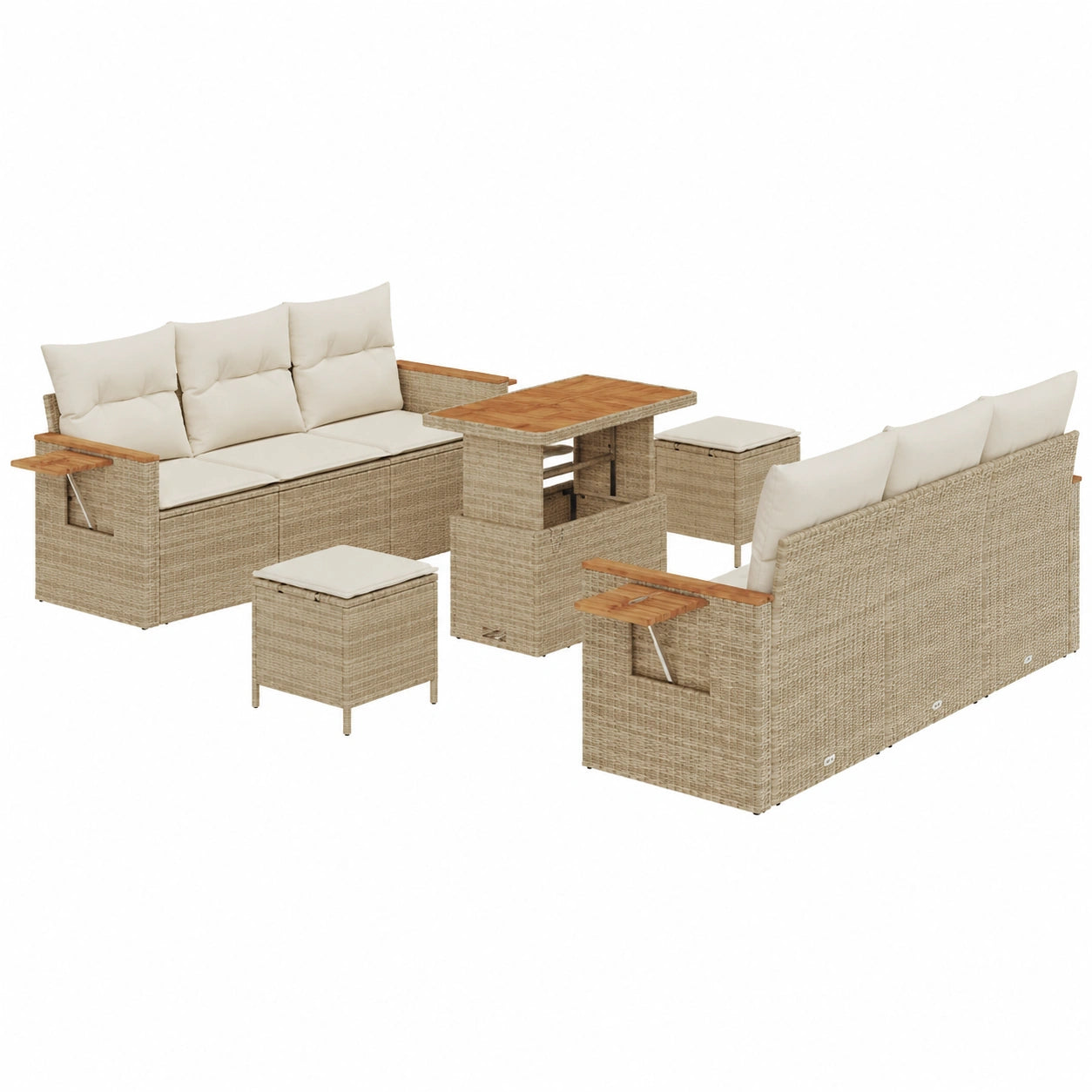 Modulares 13-teiliges Poly-Rattan Gartensofa-Set mit Kissen, Beige/Creme, aus Akazienholz für Terrasse und Outdoor