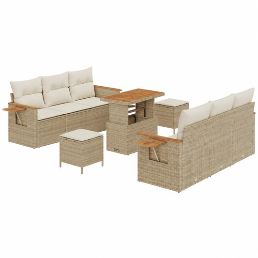 Modulares 13-teiliges Poly-Rattan Gartensofa-Set mit Kissen, Beige/Creme, aus Akazienholz für Terrasse und Outdoor