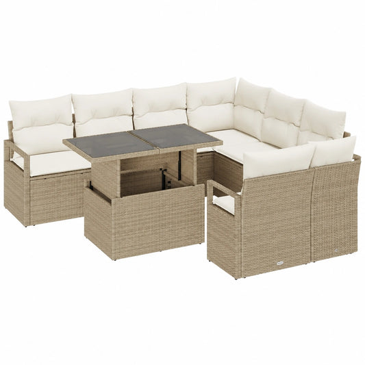 Rattan Gartenmöbel Set, 9-teilig, Beige, Wetterfest, Bequeme Kissen